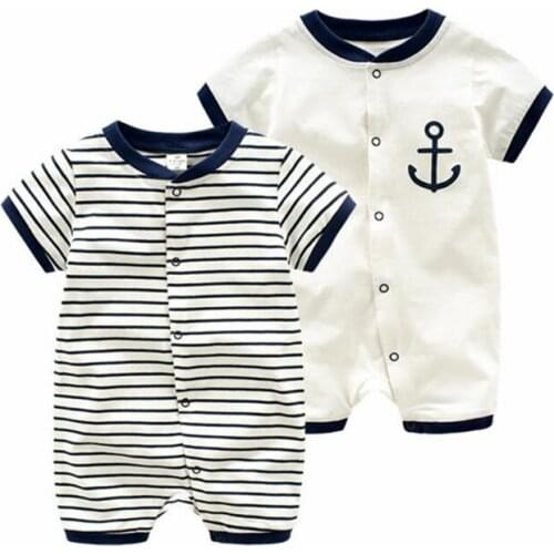 Newborn Boy Rompers Navy Acedemy Style Blue Striped Short Sleeve Front Open Cotton White Jumpsuit Toddler Boys Daily Wearing