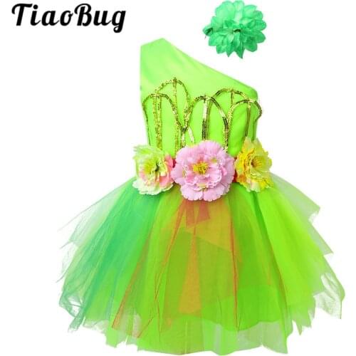 Kids Girls One-shoulder Sleeveless Shiny Sequins Flowers Mesh Tutu Dress Child Modern Salsa Stage Performance Jazz Dance Costume