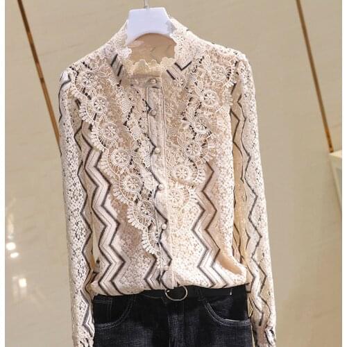 Lace patchwork striped ruffles women shirts 2020 summer new long-sleeved slim office lady elegant shirts outwear coat tops