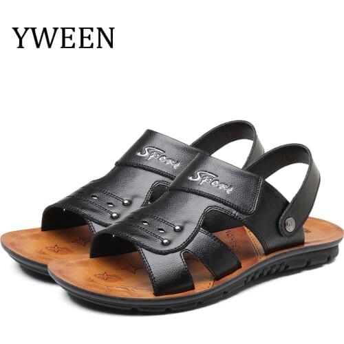 YWEEN New Mens Sandals Split Leather Men Beach Sandals Men Casual Shoes Flip Flops Size 38-47