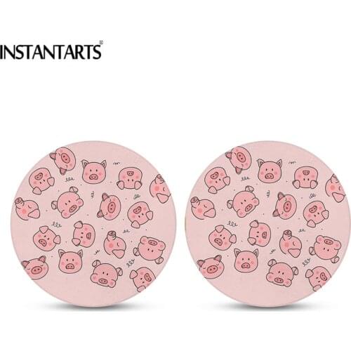 INSTANTARTS Set of 2 Pink Car Cup Holder Coasters Animal Cute Pig Pattern Auto Cupholder Coaster Easy Removal for Women Girls