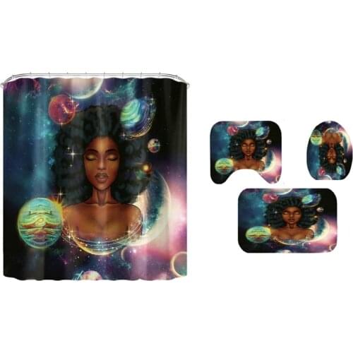 Space African Woman Print Shower Curtain Set Girl Polyester Bathroom Curtains Anti-Slip Bath Mats Carpets Rugs Set
