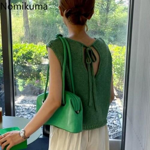 Nomikuma Women Sweater Vest 2021 Summer Thin Sleeveless O-neck Knitted Pullovers Korean Bow Tie Back Hollow-out Knit Vests 6J564