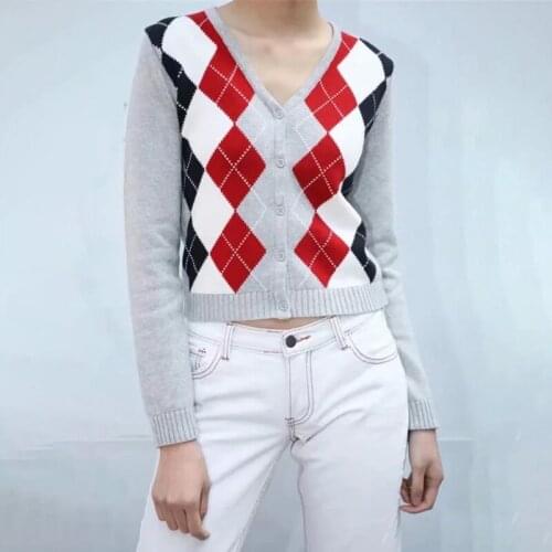 Slim girl diamond plaid short sweaters 2020 fashion ladies elegant cardigan casual female sweet knitwear cute women chic sweater