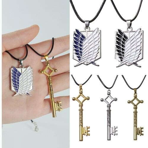 Anime Attack on Titan Cosplay Necklace Eren Jaeger Key Levi Survey Corps Logo Pendant Necklace Fans Collection Gift Wholesale