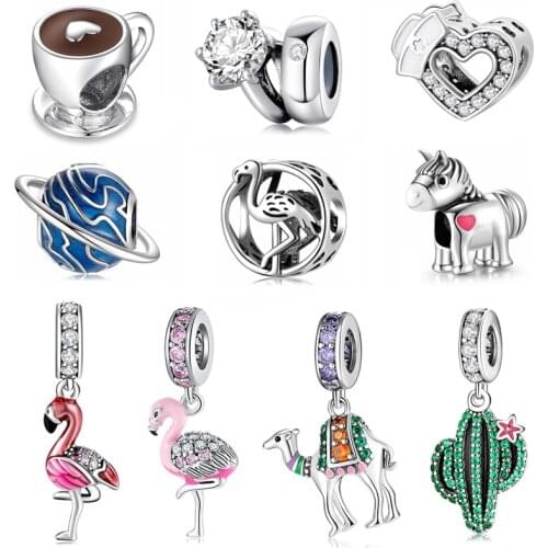 High Quality 925 Silver Coffee Cup Flamingo Potted Cactus Charms Beads Fit Original Pandora Bracelet Jewelry Making