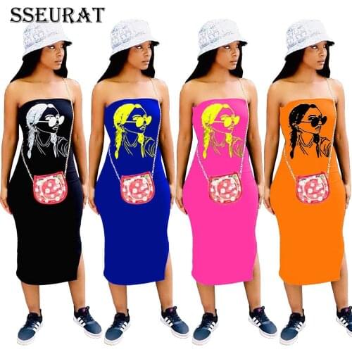 SSEURAT Women Cartoon Print Strapless Side Split Midi Dress for Fashion Streetwear Bodycon Dresses Vestidos