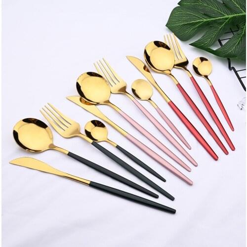 4Pcs/Set Black Gold Stainless Steel Dinnerware Cutlery Tableware Colorful Knife Fork Teaspoon Flatware Eco Friendly For Party