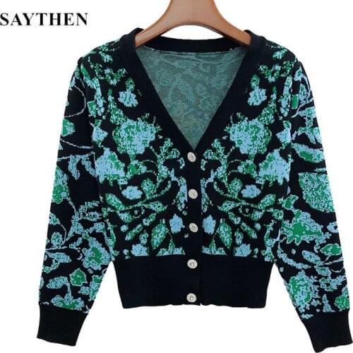 SAYTHEN Autumn Spring Glitter Button Up Knitted Short Sweater Cardigan Women Fashion Elegant Loose Baggy Long Sleeve V-Neck Tops