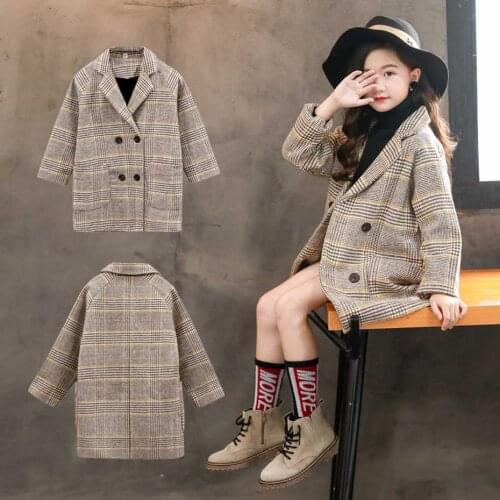 2021 spring Winter plus velvet Coat Girls Thick Woolen Jacket Fashion Plaid Kid Outerwear Teenager Cloth 5 6 7 8 9 10 11 12 year