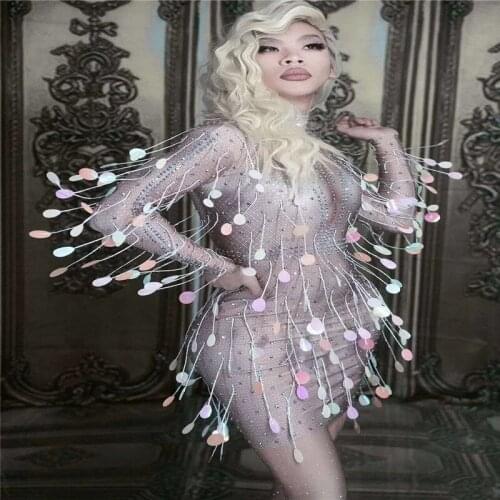 X15 Ballroom dance stage costumes Sparkly Crystals Sequins Skinny Short Dress dj One Piece Dance Outfit singer wears clothe club