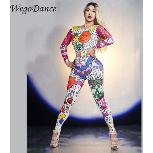 Women Clothing Cartoon Doodle Jumpsuit Outfit Singer Performance Party Wear Dance Stage Costume Bodysuit Prom Show Leggings