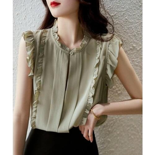 Green Chiffon Women Shirts Summer New Design 2021 Solid Ruffles Sleeved Slim Elegant Office Lady Outwear Tops Oversized 3XL