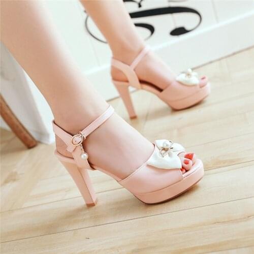 YMECHIC Women Cute Bow Sandals High Heels Pear Crystal Platform Peep Toe Pink White Wedding Bride Party Lolita Shoes Summer 2019