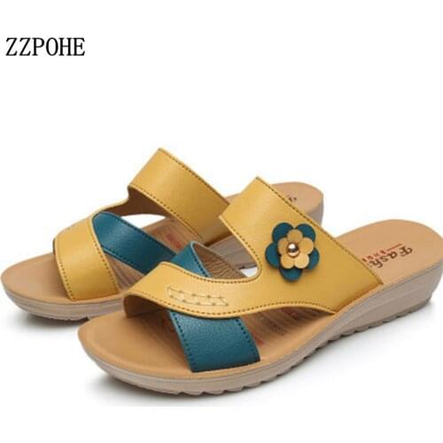 ZZPOHE 2019 Summer new womens shoes genuine leather wedges casual mother sandals elderly soft comfortable slippers plus size 42