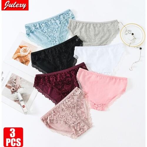 3pcs/pack Julexy Sexy Lace Transparent Hollow Out Women Panties Cotton Underwear Low Waist Breathable Briefs Lingerie