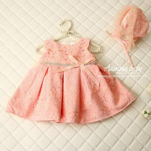 #5p68 Infant New born Baby girls Baptism dresses with cap Lace Costume wholesale baby boutique clothing