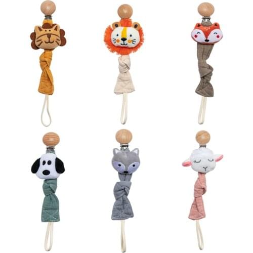 6pcs/set Baby Cotton Pacifier Chains Wood Pacifier Clip Cartoon Animal Infant Soother Holder Teething Toys for Newborn