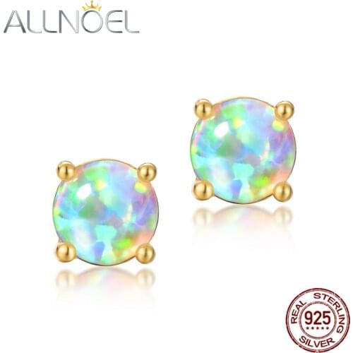 ALLNOEL Synthetic Opal Round Earrings Solid 925 Sterling Silver Classical Fashionable Stud trendy Earrings Simple Design New