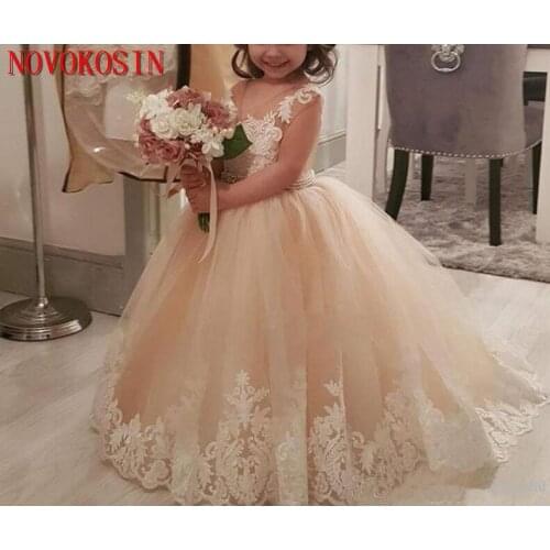 2019 Champagne Ball Gown Flower Girls Dresses Cap Sleeves Applique Sash Beaded Lace Tulle Tutu Birthday Party Pageant Gown