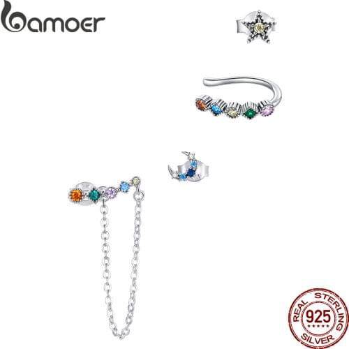 BAMOER 4 PCS Silver Earrings Sets Moon and Star Stud Ear Cuff Long Chain Earrings Wedding Statement Jewelry SCE1064