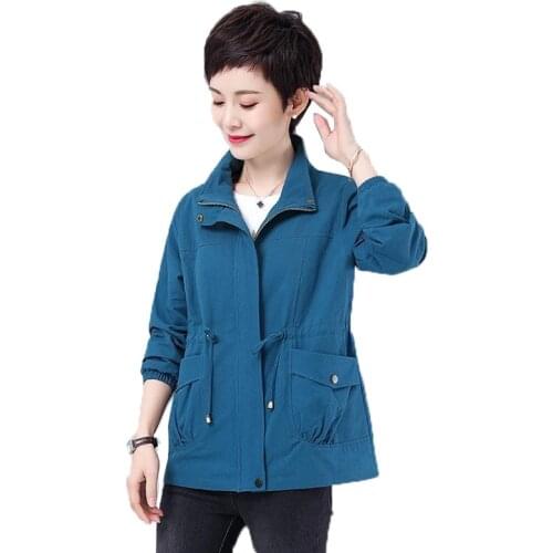 Spring Autumn Womens Jacket Coat Middle-Aged Elderly Mothers Casual Drawstring All Cotton Pocket Jackets Outerwear Female Tops