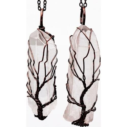 Tree of Life Pillar Quartz Clear Necklace Antique Gold Wire Wrapped Handmade DIY Vintage Pendant Raw Quartz Knitted Jewelry