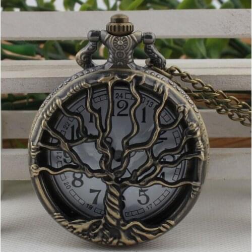 Hollow Retro Pocket Watch Necklace Chain Half Hunter Bronze Big Tree Design Pendant Clock Old Fashion Fob Pocket Watch Gift