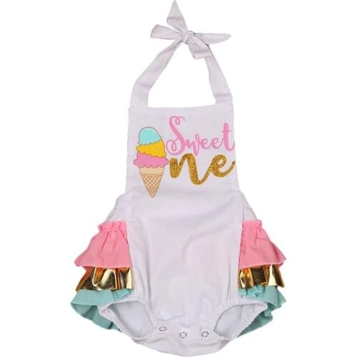 0-3Years Newborn Baby Girl Cotton Romper Sweet Ice Cream Print Princess Three-layer Lace Bow Jumpsuit Sunsuit