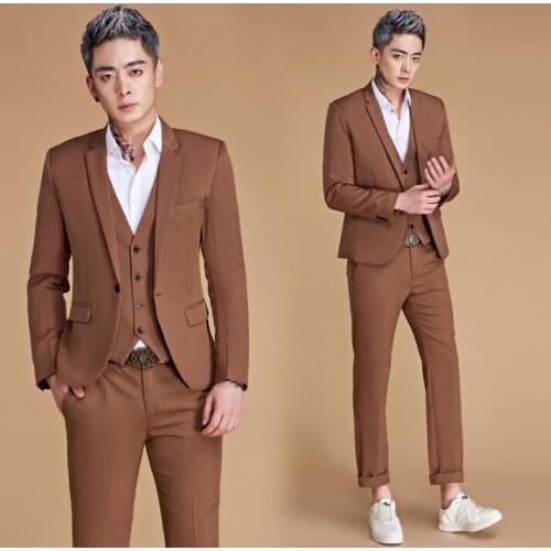 Singer star style dance stage clothing for men brown suit set with pants mens wedding suits costume groom formal dress vest
