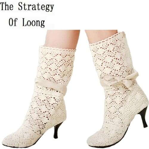 Summer Fashion Women Cut Out Bowknot Mid-Calf Half Knitted Boots Ladies Thin Heels Pointed Toe Shoes 20200304
