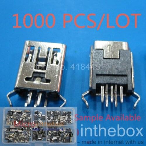 Mini usb connector 1000pcs female DIP 5Pin Vertical mini usb jack for mobile phone bluetooth speaker