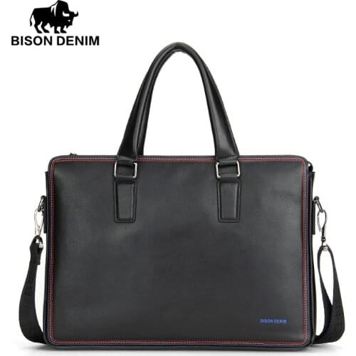 BISON DENIM Luxury famous brand handbag shoulder bags business men briefcase laptop bolsos mens travel bags genuine leather bag