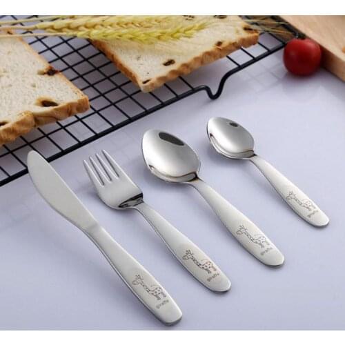 4 Pcs 304 Stainless Steel Childrens Tableware Cartoon Pattern Carving Children Tableware Western Style Spoon Fork Set Wholesale