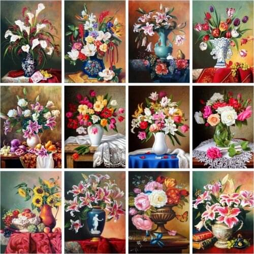 AZQSD Drawing By Numbers Flower Vase Painting By Numbers On Canvas Framed Diy Oil Painting Home Decor Unique Gift For Family