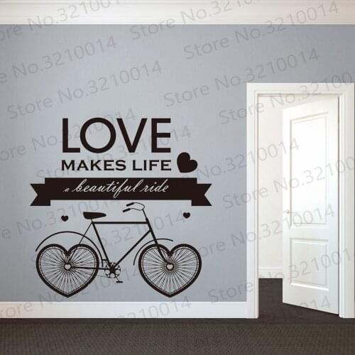 Love makes life a beautiful wall sticker with the phrase large size heart shaped bicycle wall decal living room bedroom PW838