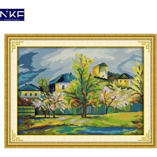 NKF Beautiful Village Cross Stitch Printed Canvas 11CT14CT Cross Stitch Kit Embroidery Needlework Christmas Decorations for Home