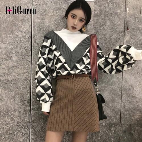 Korean Autumn Women 2 Piece Set Fake Two-piece Knitted Lantern Sleeve Geometric Pattern Sweater + Striped Skirt Sets Plus Size