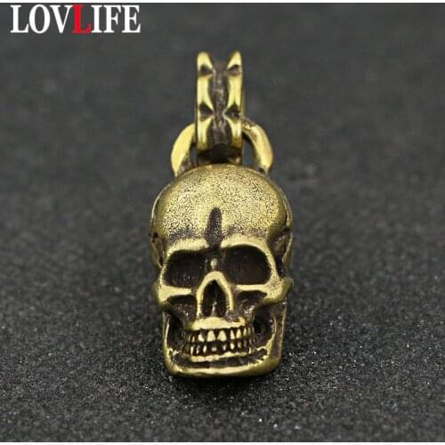 Punk Brass Skull Key Chain Pendant Retro Hip Hop Copper Head Skeleton Keychain Charm Men Car Key Rings Hanging Ornament Jewelry