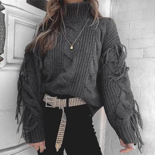 Long Sleeve High Collar Pullover Knitwear Autumn New Womens Tassel Sweater Korea Fashion Knitted Loose Thick Sweater Tops Black