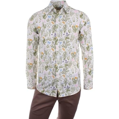 Gentilbay Mens Butterfly Flower Digital Printed Cotton Blue Slimfit Long-Sleeve Sport Classic Shirt DPD046