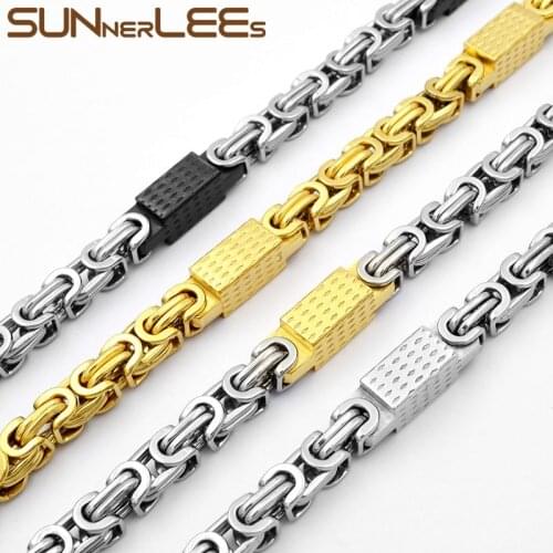 SUNNERLEES Stainless Steel Necklace 8mm Geometric Byzantine Link Chain Silver Color Gold Plated Men Women Jewelry Gift SC120