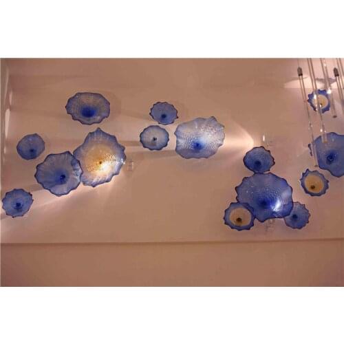 Blue Wall Decoration Flower Art Style Mouth Blown Murano Glass Plates