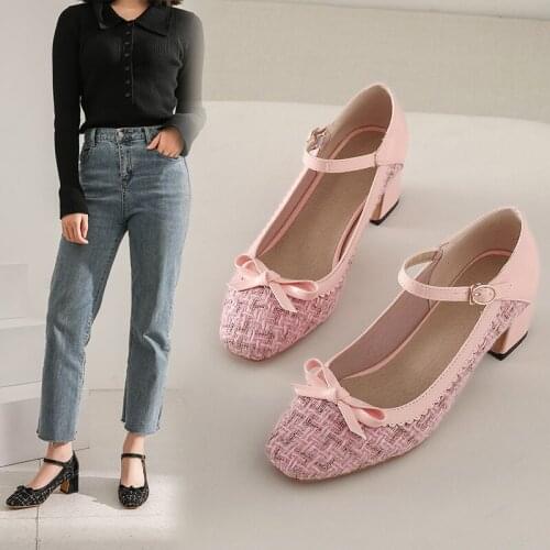 YMECHIC Block High Heels Pumps Women Shoe Pink Black Red Square Toe Bowtie Sweet Party Mary Jane Lolita Shoes Womens 2020 Summer