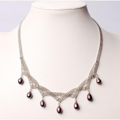 High Quality 7-9mm Black Color Natural Freshwater Pearl White Gilded Necklace Jewelry 17" w2422