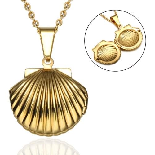 WT-REN008 Simple Titanium Steel Scallop Shape Pendant Necklace Stainless Steel Shell Photo Box Pendant Necklace Fashion Jewelry
