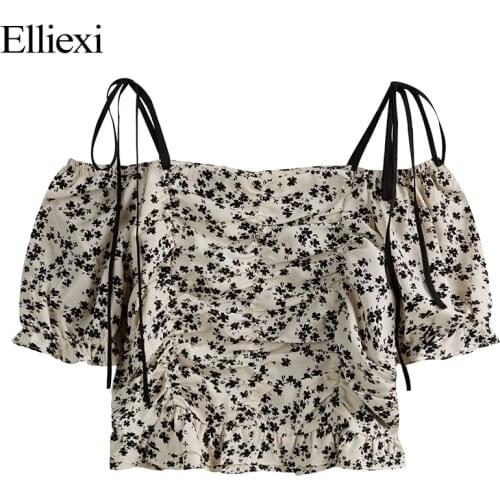 Elliexi Summer Sexy Women Spaghetti Strap Chiffon Print Pleat Blouse Floral Beach Casual Off Shoulder Crop Top Shirt Blouse Cami
