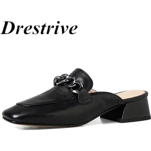 Dretrive Full Genuine Leather Chain Square Toe Women Pumps 2021 Summer Shoes Classics Thick Heels Mules Black Slipper