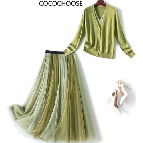 New 2020 autumn spring women elegant suede skirt a-line geometric skirts and knitted sweater tops two piece set