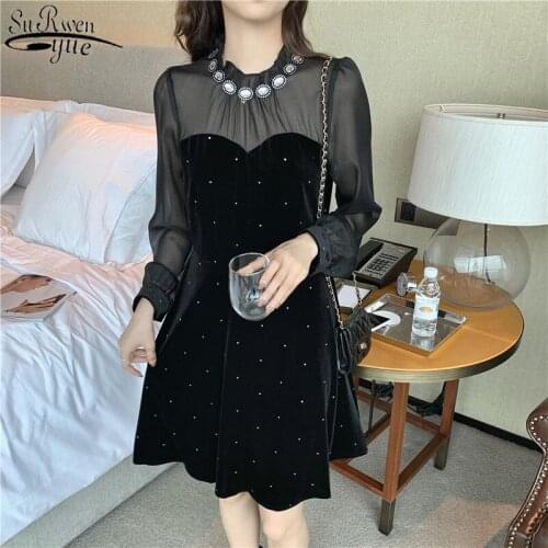 French Retro Styel Black Velvet Lantern Sleeve Dress Women with Zipper Commute See Through Polka Dot Womens Dress Vestido 12762